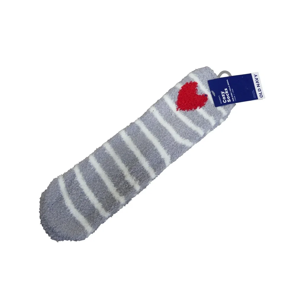 Old Navy Cozy Socks Women OS Grey New Striped Heart Fuzzy Crew Loungewear
